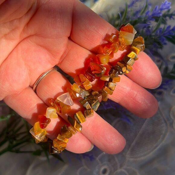 Set 2 Tumbled Gemstone Stretch Bracelets - Tiger Eye & Carnelian/Agate W/MOP - Picture 5 of 8